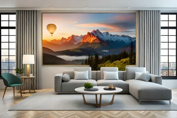 modern living room with furniture.modern living room and snow-falling mountain also include sun in the sky 