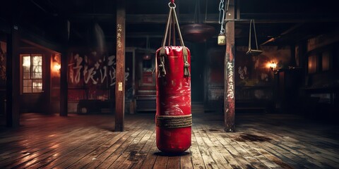 AI Generated. AI Generative. Old vintage gym room with old vintage boxing leather bag. Mexican American athlete vibe. Graphic Art