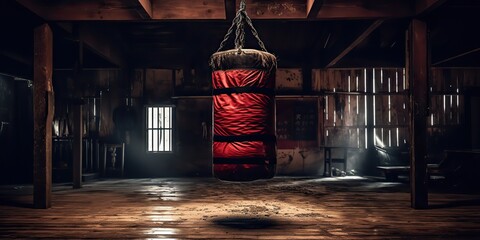 AI Generated. AI Generative. Old vintage gym room with old vintage boxing leather bag. Mexican American athlete vibe. Graphic Art