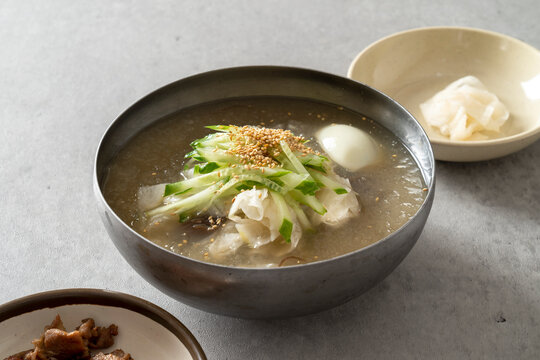 Charcoal grilled, water cold noodles, cold noodles, bibim cold noodles, pork cutlet, pork cutlet Korean food dish