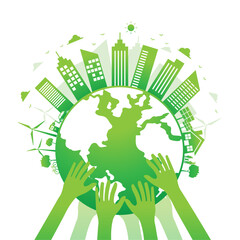 hand save the world and green city on white background. Save world environment day. ecology and sustainable concept. vector illustration in flat style.