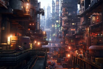 Concept Painting 3D render of dystopia ruin cyber cityscape walkway buildings Cyberpunk, diesel punk, Futuristic world,  Created with Generative AI tool