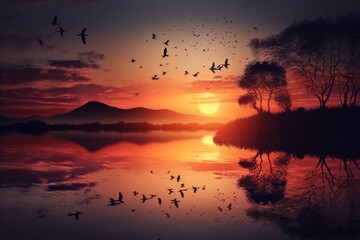 sunset over lake with birds flying above, symbol of tranquility, created with generative ai