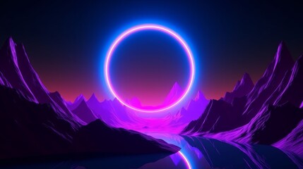 3d render. Abstract neon background with round geometric shape, surreal landscape, mountains and ring glowing in ultraviolet spectrum. Virtual reality, Generative AI