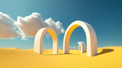 3d render, Surreal desert landscape with yellow arches and white clouds in the blue sky. Modern minimal abstract background, Generative AI