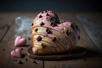 heart-shaped croissant with chocolate filling and pink icing, created with generative ai - obrazy, fototapety, plakaty