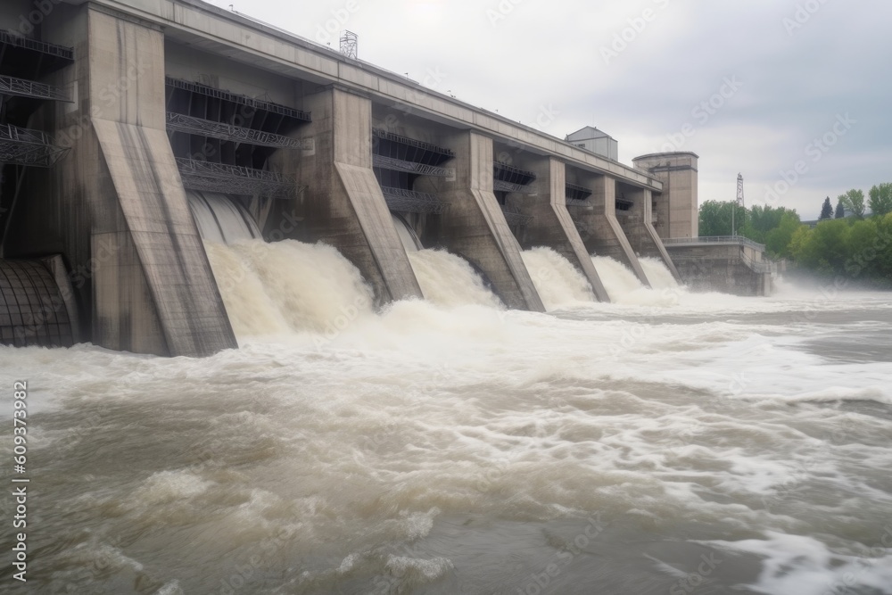 Canvas Prints view of hydroelectric power plant, with water rushing through the dam and into the turbines, created with generative ai