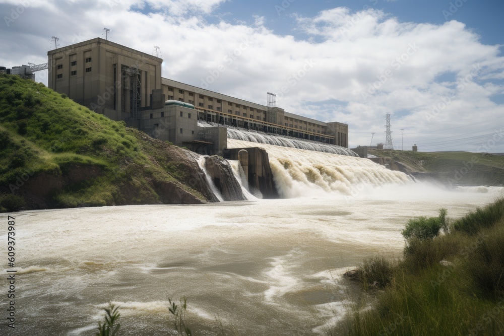 Canvas Prints wide shot of massive hydroelectric plant, with rushing water and towering turbines in the background, created with generative ai