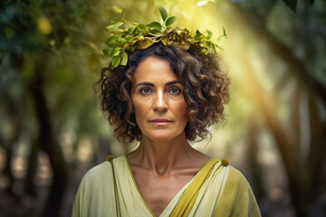 Photorealistic close up portrait of an ancient Greek woman wearing a laurel (Generative AI) - obrazy, fototapety, plakaty