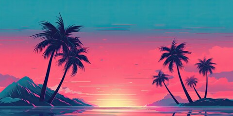 Naklejka premium AI Generated. AI Generative. Old vintage cyberpunk vapor wave synthwave miami vice florida tropical landscape. Graphic Art