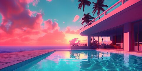 AI Generated. AI Generative. Old vintage cyberpunk vapor wave synthwave miami vice florida tropical landscape. Graphic Art