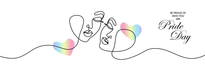 Beautiful line art women couple face with rainbow color hearts. Concept of LGBTQ and sexsual freedom and human rights.