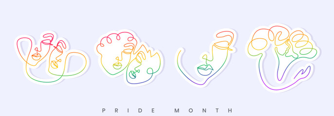 LGBTQ pride month celebration banner, poster and web header minimalistic one continuous line art rainbow color illustration.