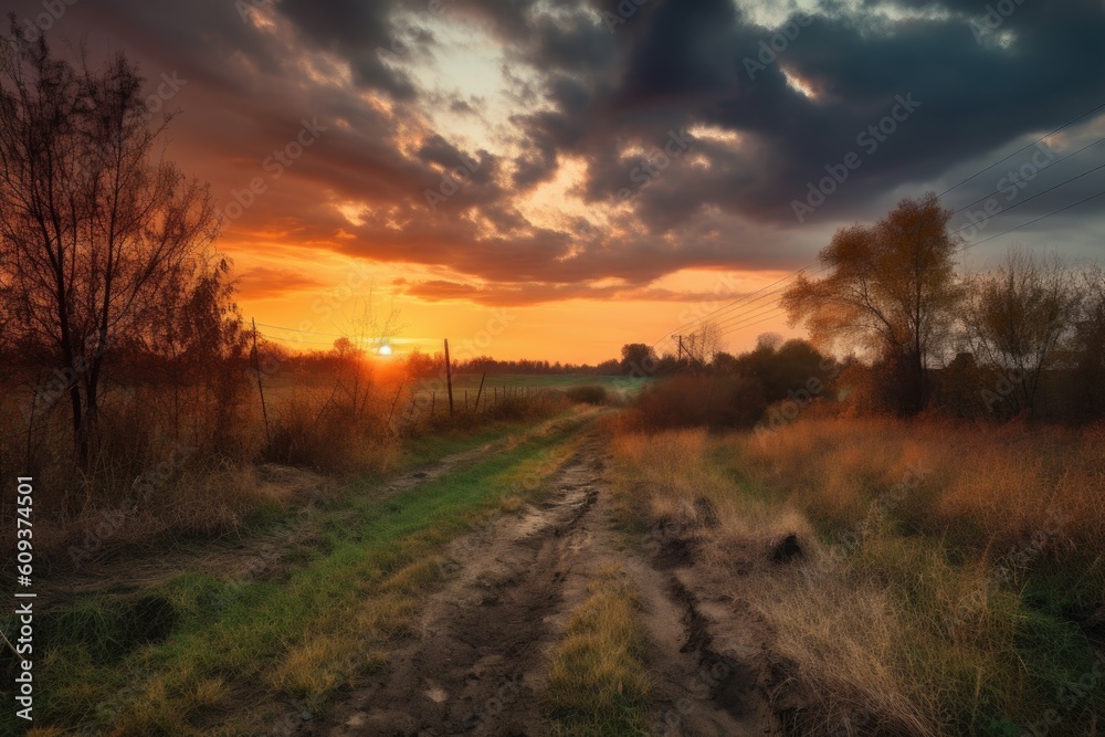 Canvas Prints rural landscape with sunset, featuring dramatic skies and colorful clouds, created with generative ai