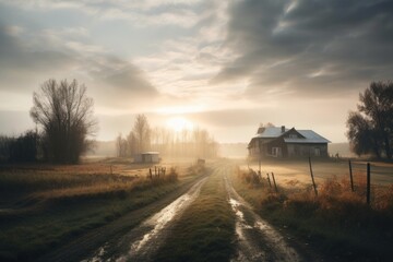 rural setting with sun shining through the clouds, creating a warm and cozy atmosphere, created with generative ai
