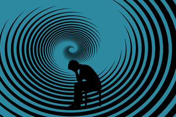 Concept of depression, anxiety, sadness and hopelessness. Silhouette of a person sitting and holding a bowed head, with a swirl of emotions in the background. Vector illustration