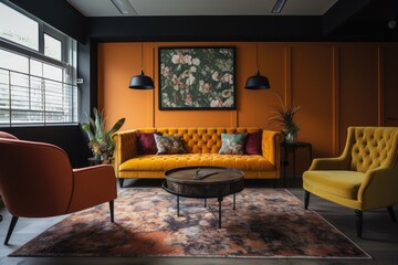 modern lounge room, with upcycled couch and armchair in contrasting colours for a touch of flair, created with generative ai