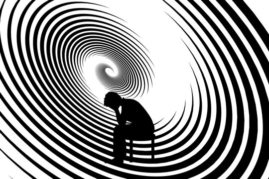 Concept Of Depression, Anxiety, Sadness And Hopelessness. Silhouette Of A Person Sitting And Holding A Bowed Head, With A Swirl Of Emotions In The Background. Vector Illustration	