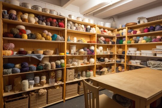 textile craftsworkroom, filled with yarns and tools for knitting and crochet, created with generative ai