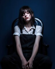 Naklejka premium Portrait of a fictional emo woman isolated on dark background. Generative AI illustration.