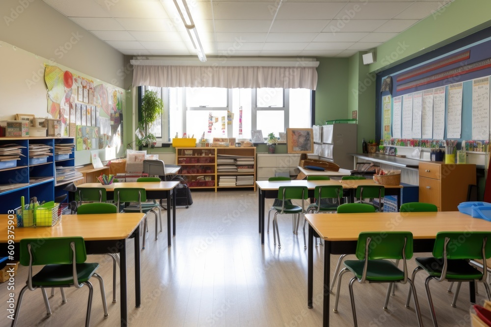 Poster classroom with clean and organized desks, chairs, and bookshelves, created with generative ai