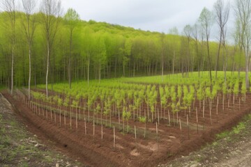 Fototapeta premium view of green forest with rows of newly planted trees, created with generative ai