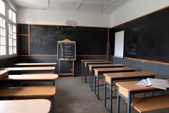 empty classroom with blackboard for writing and whiteboard for drawing, created with generative ai