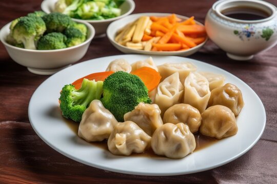 plate of authentic chinese cuisine, with steamed dumplings and stir-fried vegetables, created with generative ai