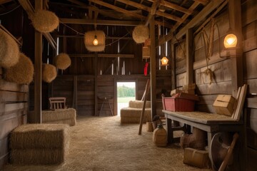 rustic barn with bales of hay, lanterns, and wooden rocking horse, created with generative ai