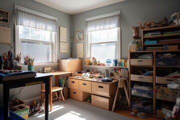 a child's room, filled with school supplies and learning tools for the new school year, created with generative ai
