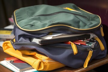 close-up of student's backpack, filled with notebooks and pencils, created with generative ai