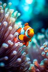 Fototapeta na wymiar An adorable macro closeup of a cute clownfish. Generative AI