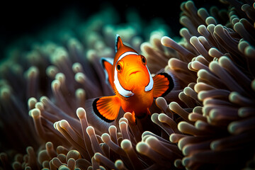 Fototapeta na wymiar An adorable macro closeup of a cute clownfish. Generative AI