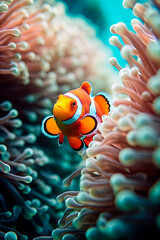 Obraz na płótnie Canvas An adorable macro closeup of a cute clownfish. Generative AI