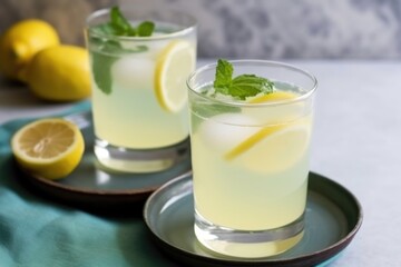 refreshing glass of summer lemonade, garnished with fresh mint and slice of lemon, created with generative ai