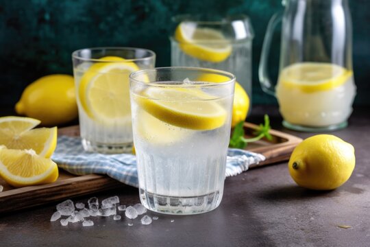 refreshing glass of summer lemonade, topped with a slice of lemon and dash of sugar, created with generative ai