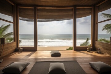 wellness retreats, with view of the ocean and beach, created with generative ai