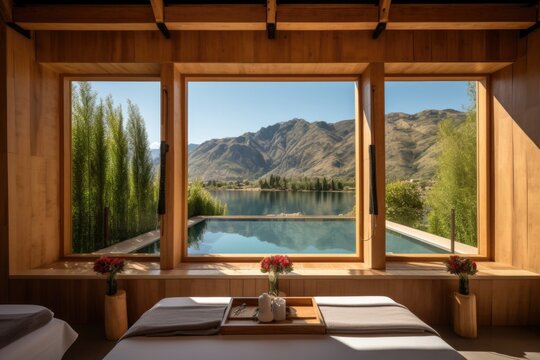 wellness retreat, with view of peaceful lake and mountains, created with generative ai