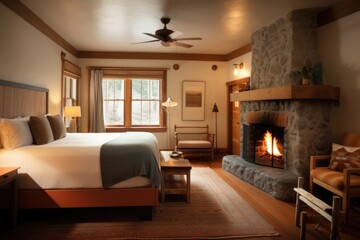 eco-friendly inn with cozy fireplaces and natural decor, created with generative ai