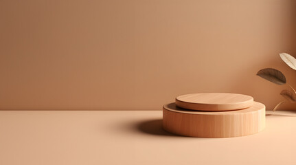 Abstract minimal concept. Wooden plank round wood podium on background with afternoon sunlight shadow. Mock up template for product presentation. 3D rendering. copy text space