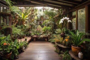 indoor garden with tropical plants, orchids and bromeliads, created with generative ai
