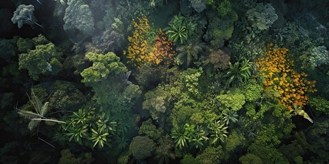 AI Generated. AI Generative. Green fresh amazon tropical top drone view landscape plant wall decoration. Graphic Art