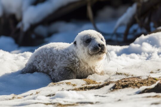 seal pup basking in sunshine on a sun-dappled shore, surrounded by snow and ice, created with generative ai