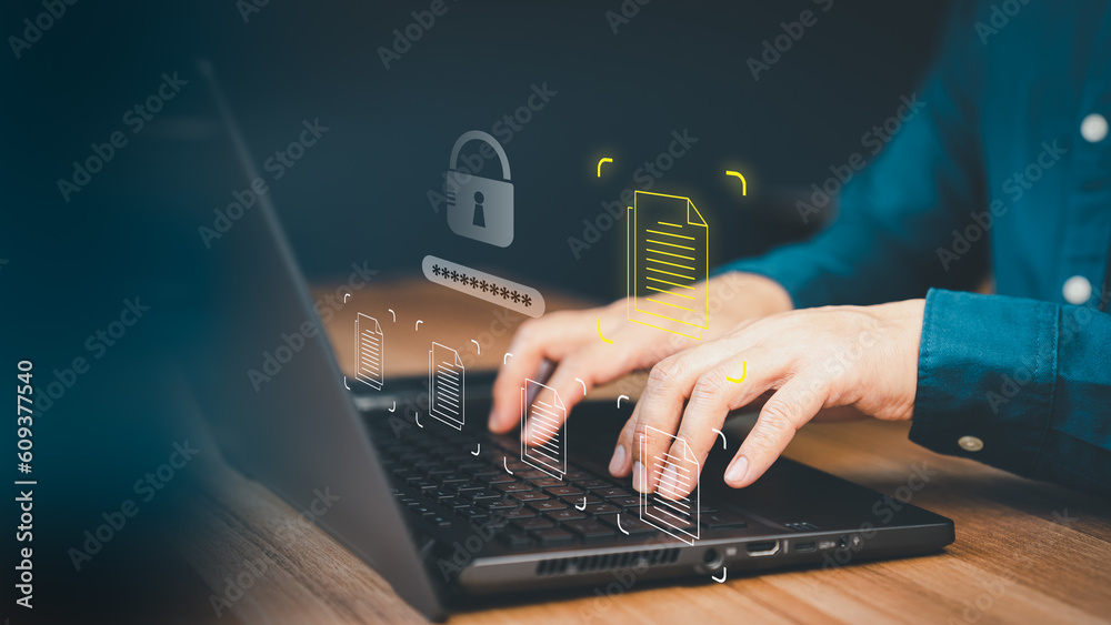 Poster Document management concept with icons on ERP virtual screen. Employee typing on a computer keyboard checking documents in office. Online documentation database to efficiently manage files.