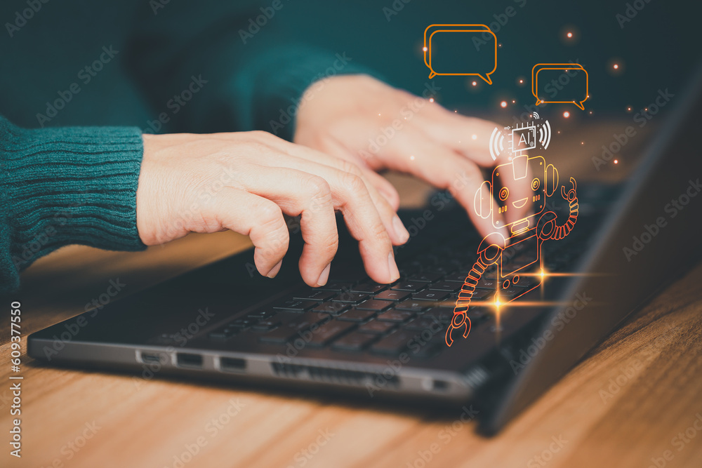 Poster Chatbot Chat with AI, Artificial Intelligence. Adult man chatting with a smart AI or artificial intelligence using an artificial intelligence chatbot developed, Futuristic technology transformation.