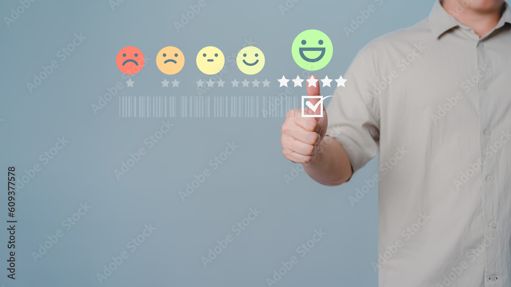 Poster shopper touching virtual screen on the happy smile face icon to give satisfaction in service. opinio