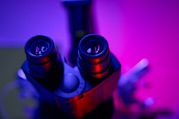 Fototapeta Close-up microscope with optical lenses in clinic obraz