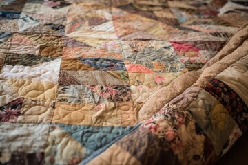 handmade quilt with intricate patchwork of different fabrics and textures, created with generative ai