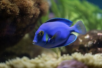 blue tang swimming above seagrass bed in marine tank, created with generative ai