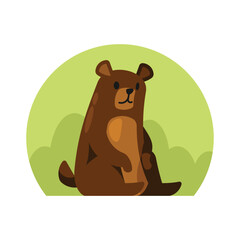 Brown bear sitting on the grass. Vector illustration in flat style.